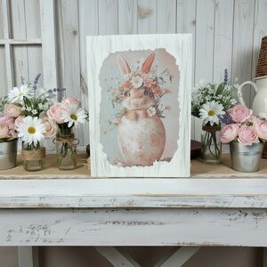 Floral Bunny Print in White Distressed Frame - Pastel Pink & Blue